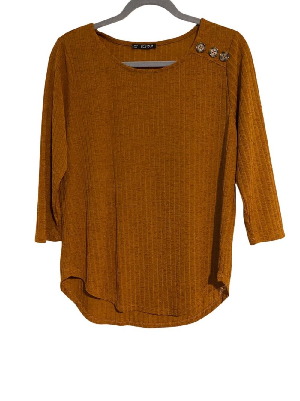 Storybuk Women's M Brown Top Ribbed Button Accent 3/4 Sleeves Curved Hem Casual